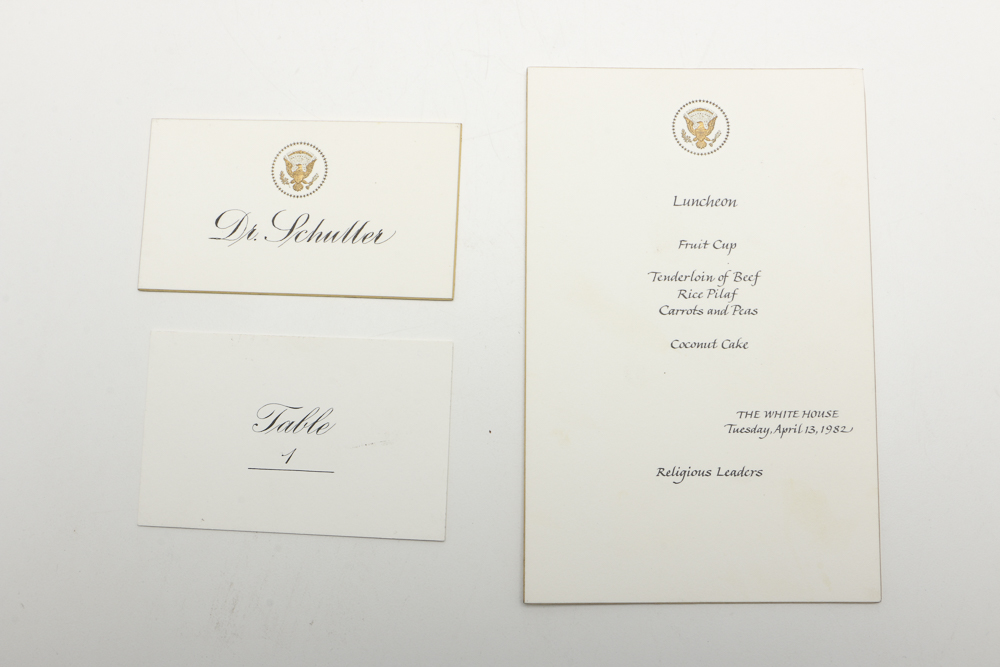 Signed Photo with President Reagan, E.  Doyle and Dr. Schuller