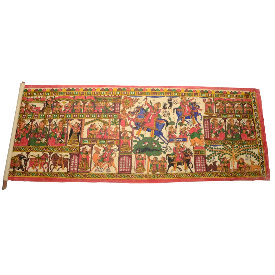 Vintage Hand-Painted Indian Linen Tapestry