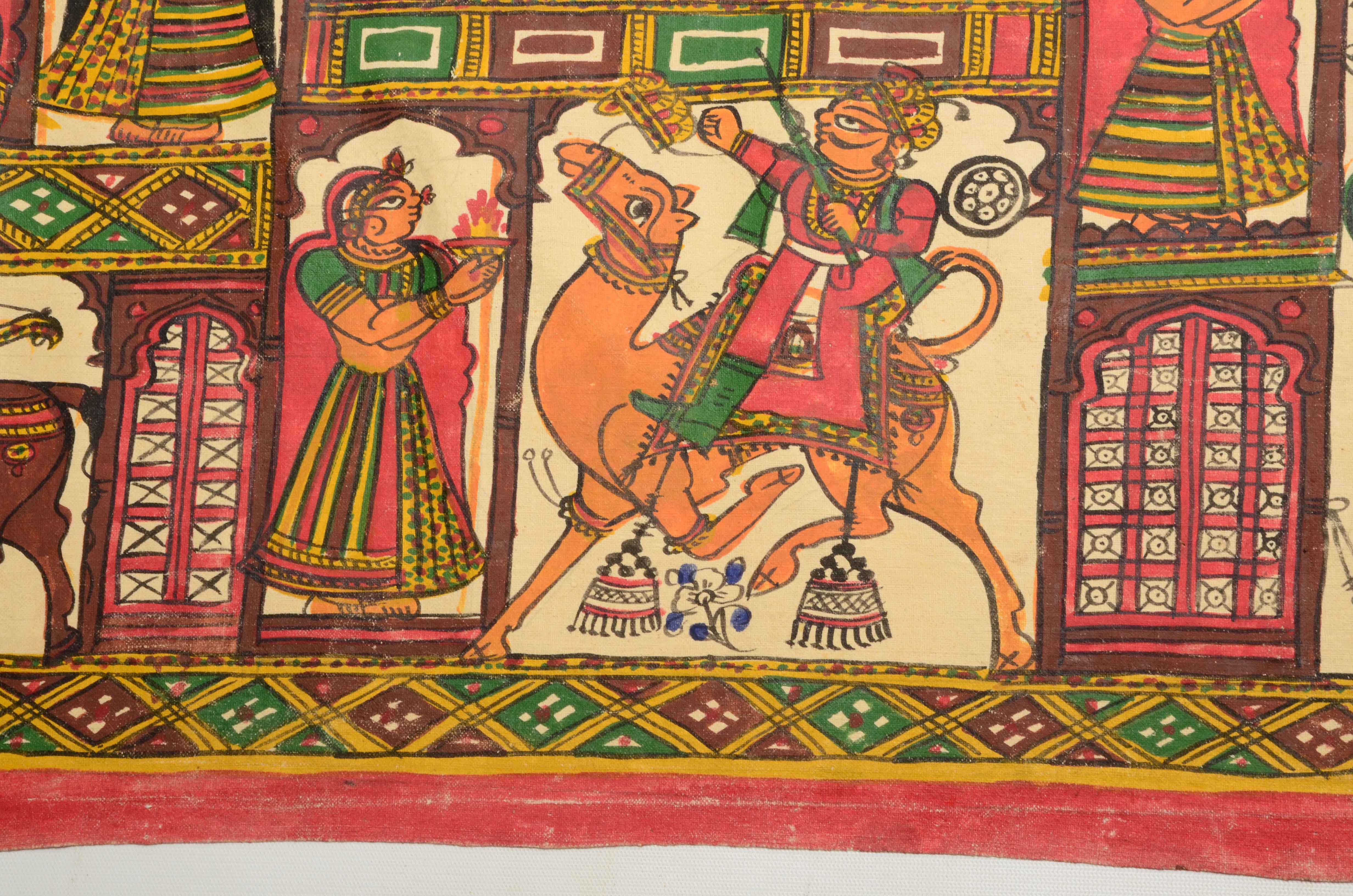 Vintage Hand-Painted Indian Linen Tapestry