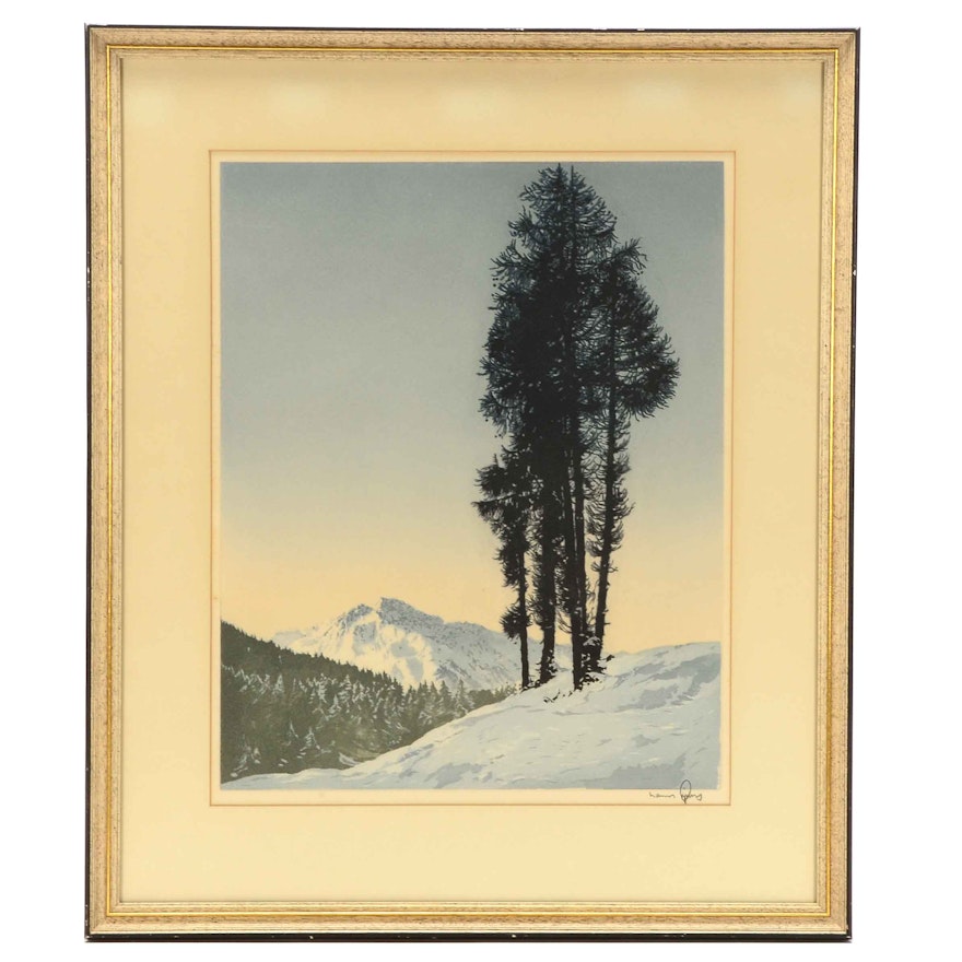 Hans Figura Signed Aquatint Etching "Pine Tree In Winter"
