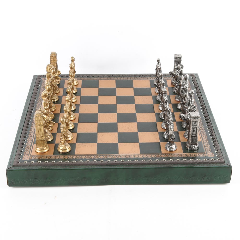 Brass and Pewter Chess Set With Leather Board