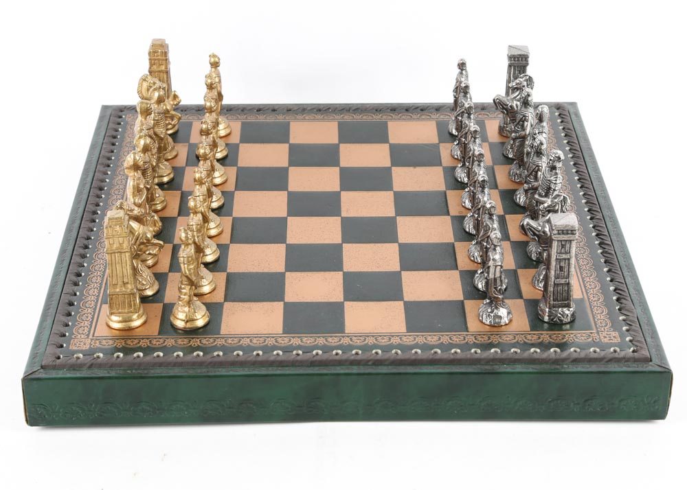 Brass and Pewter Chess Set With Leather Board