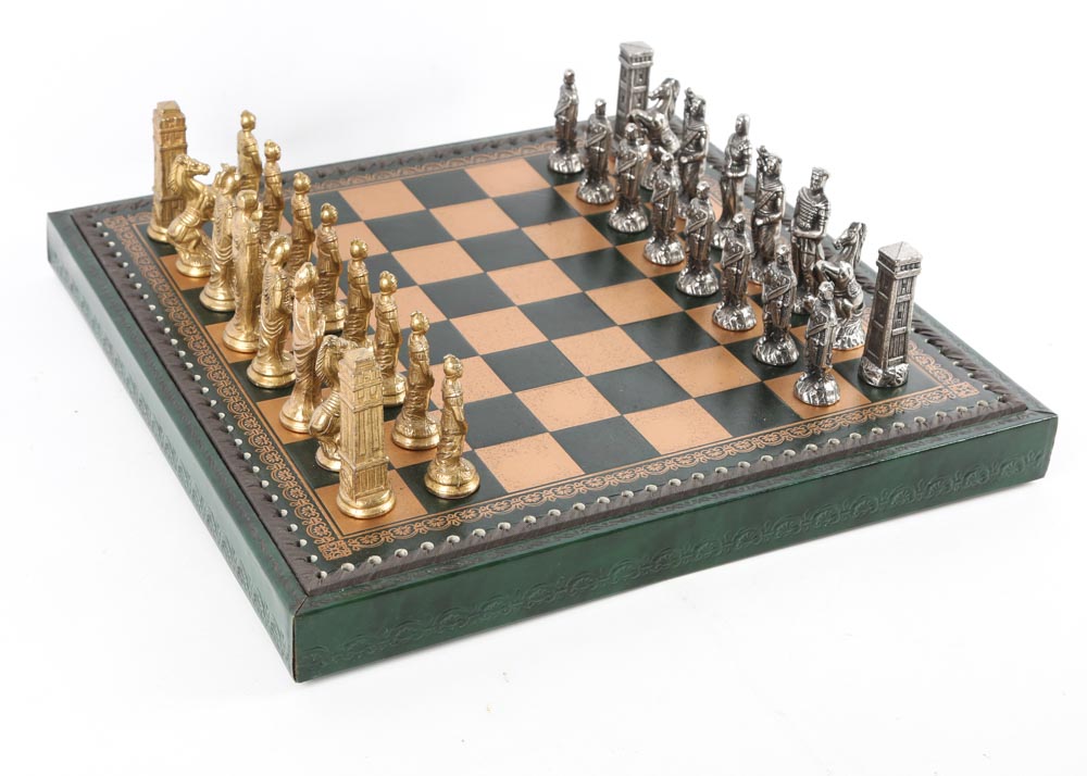 Brass and Pewter Chess Set With Leather Board
