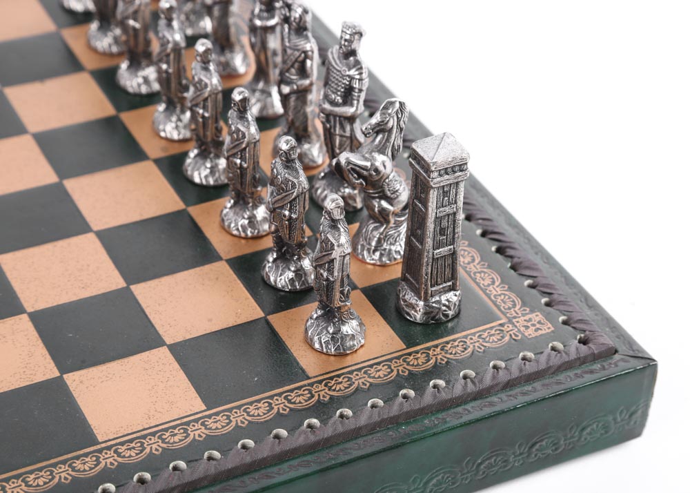Brass and Pewter Chess Set With Leather Board