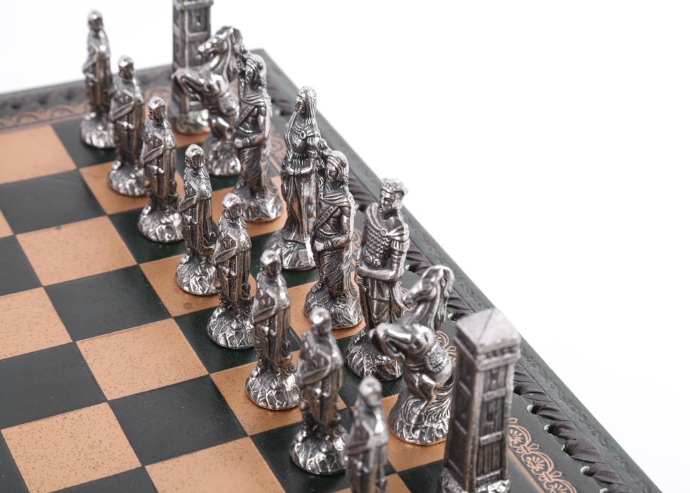 Brass and Pewter Chess Set With Leather Board