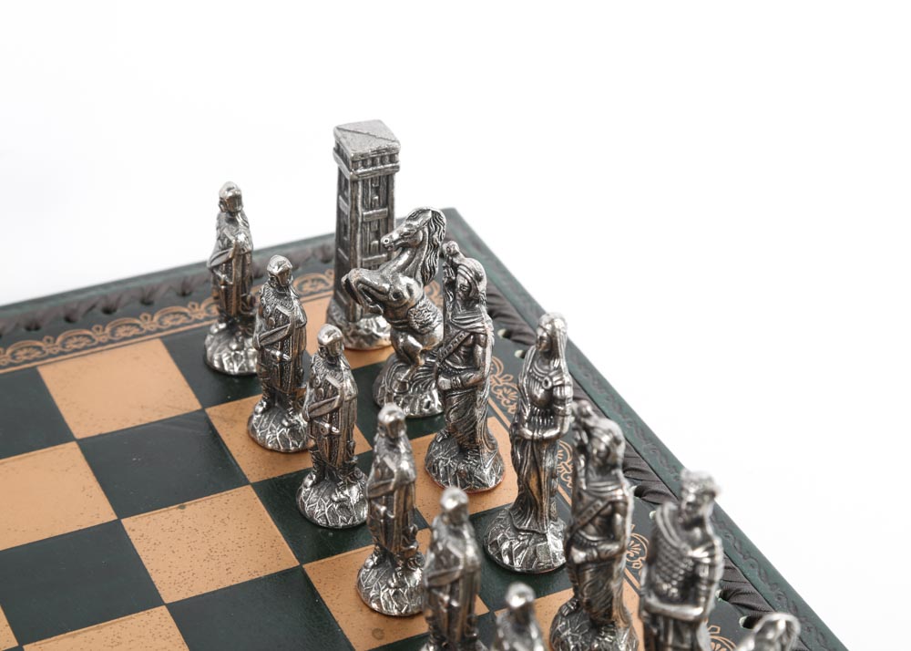 Brass and Pewter Chess Set With Leather Board