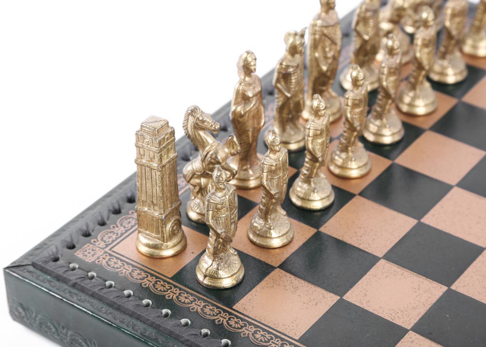 Brass and Pewter Chess Set With Leather Board