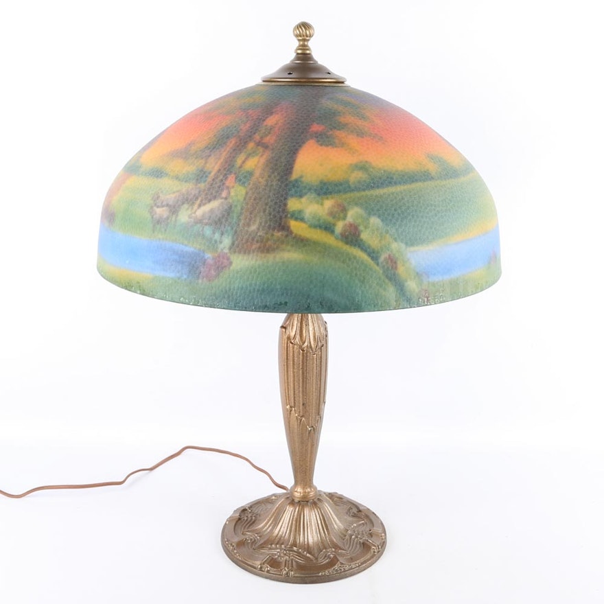 Antique Art Nouveau Reverse Painted Lamp