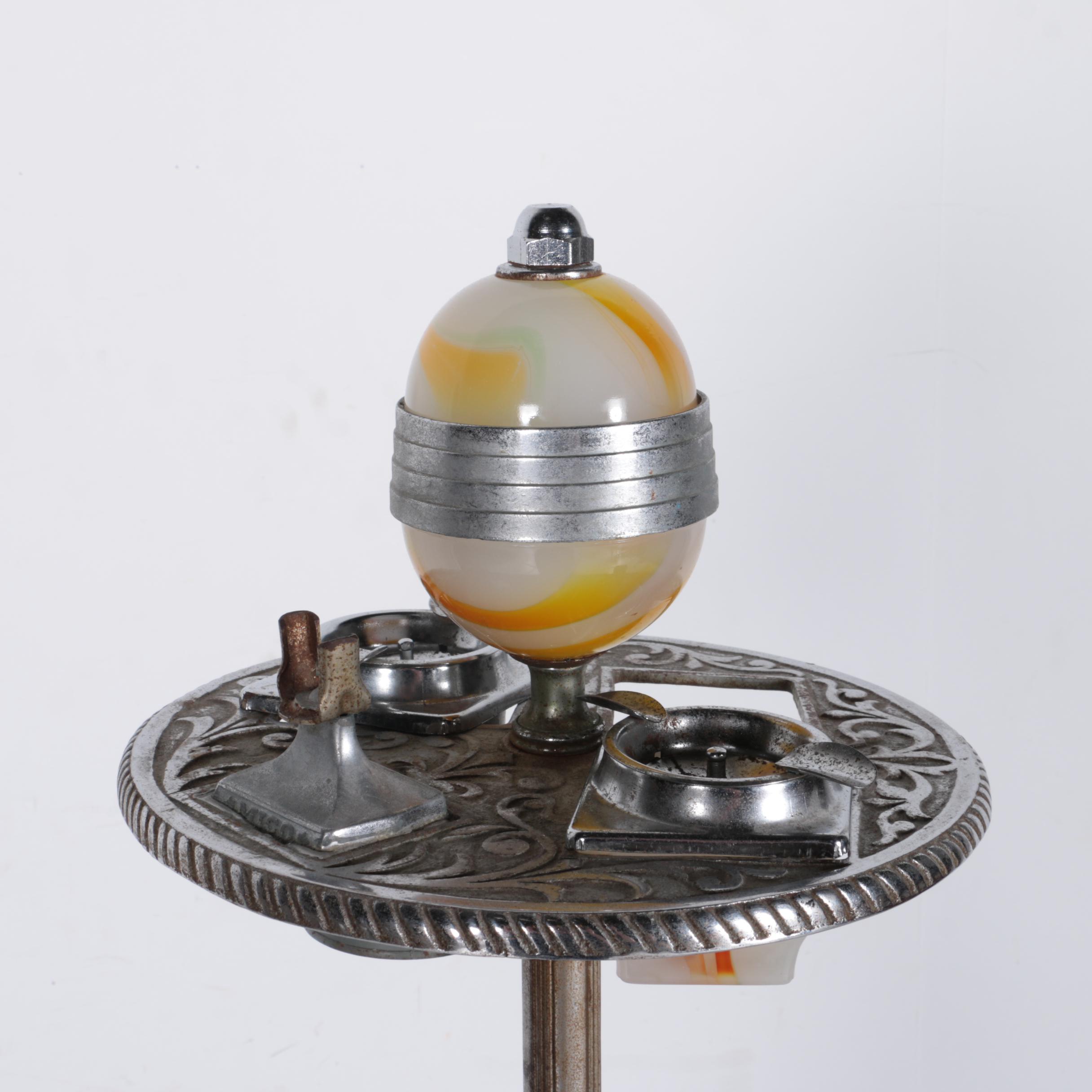 Art Deco Lighted Agate Glass and Cast Metal Smoking Stand