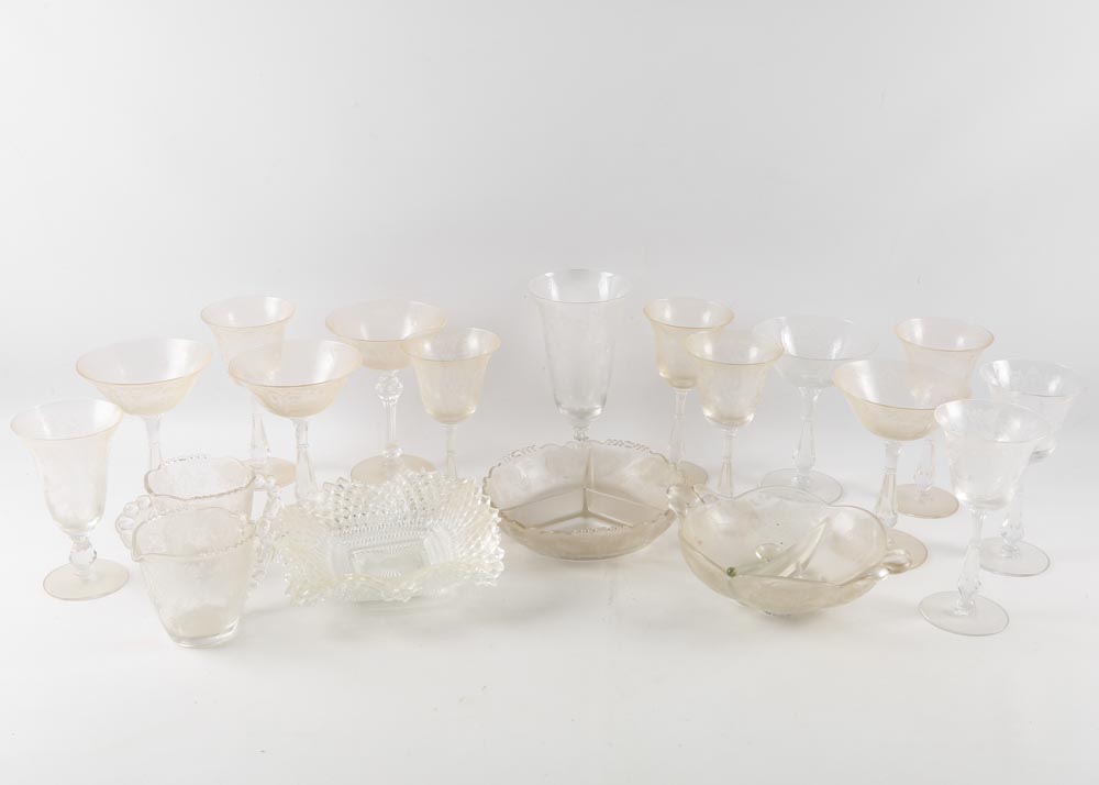 Depression Glass Etched Stemware and Tableware