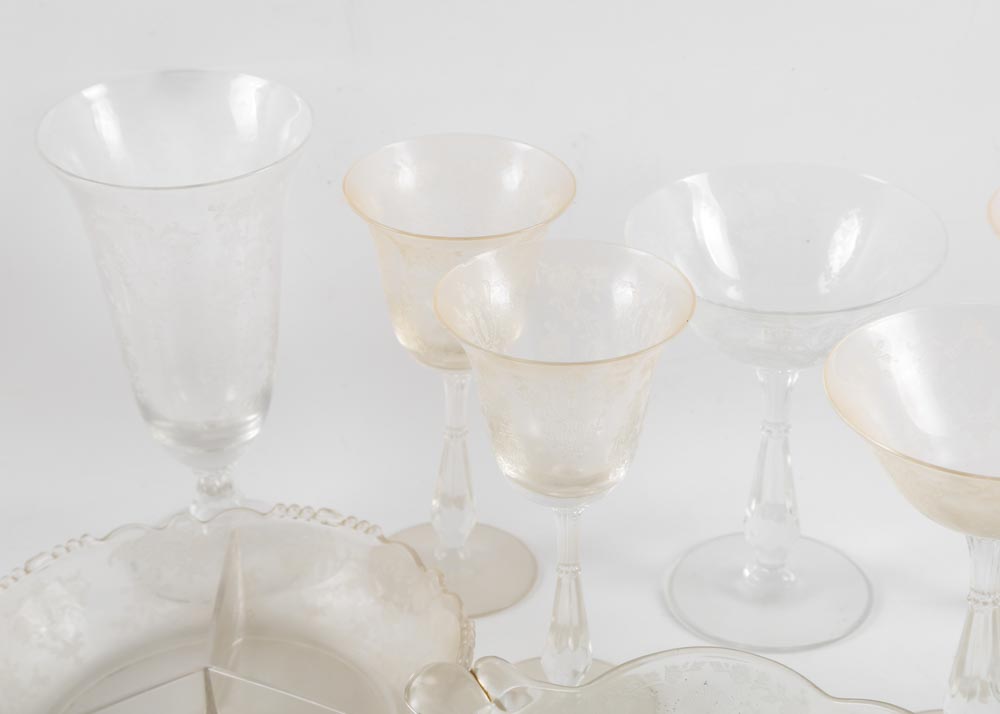 Depression Glass Etched Stemware and Tableware