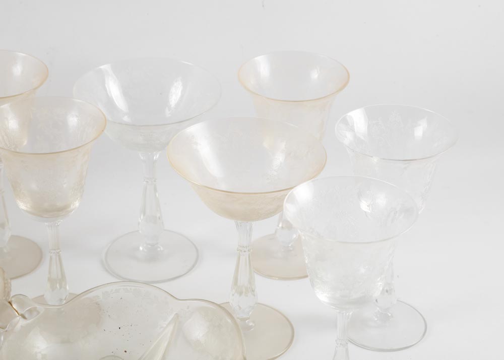 Depression Glass Etched Stemware and Tableware