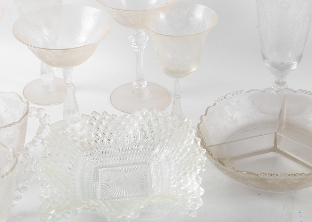 Depression Glass Etched Stemware and Tableware