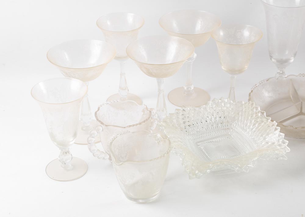 Depression Glass Etched Stemware and Tableware