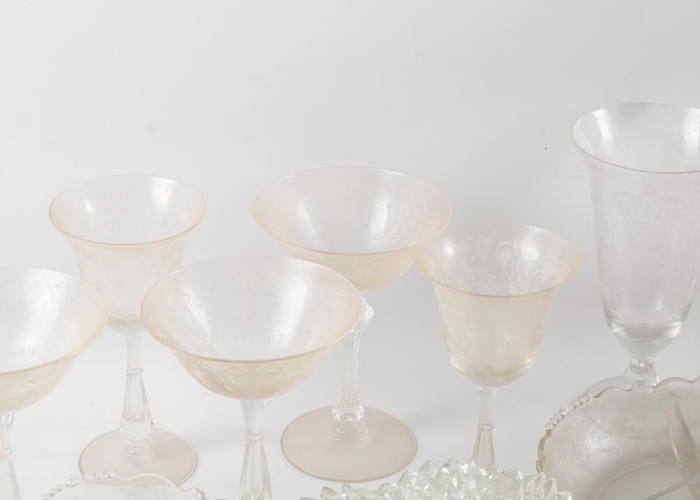 Depression Glass Etched Stemware and Tableware