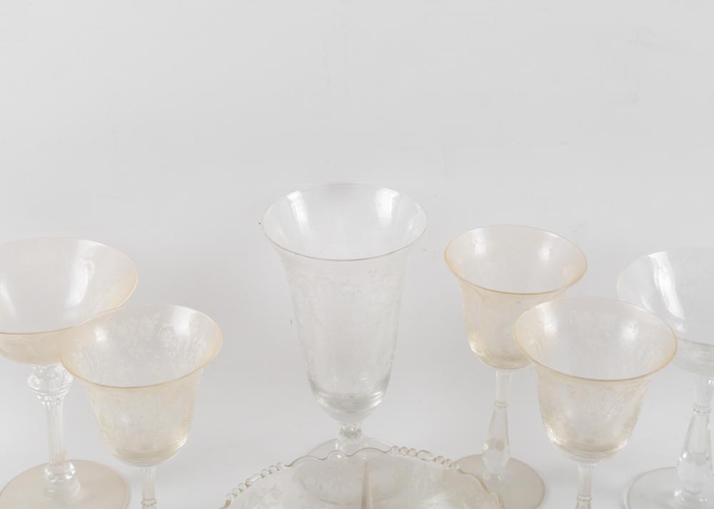 Depression Glass Etched Stemware and Tableware