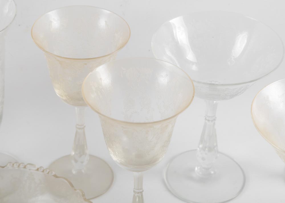 Depression Glass Etched Stemware and Tableware