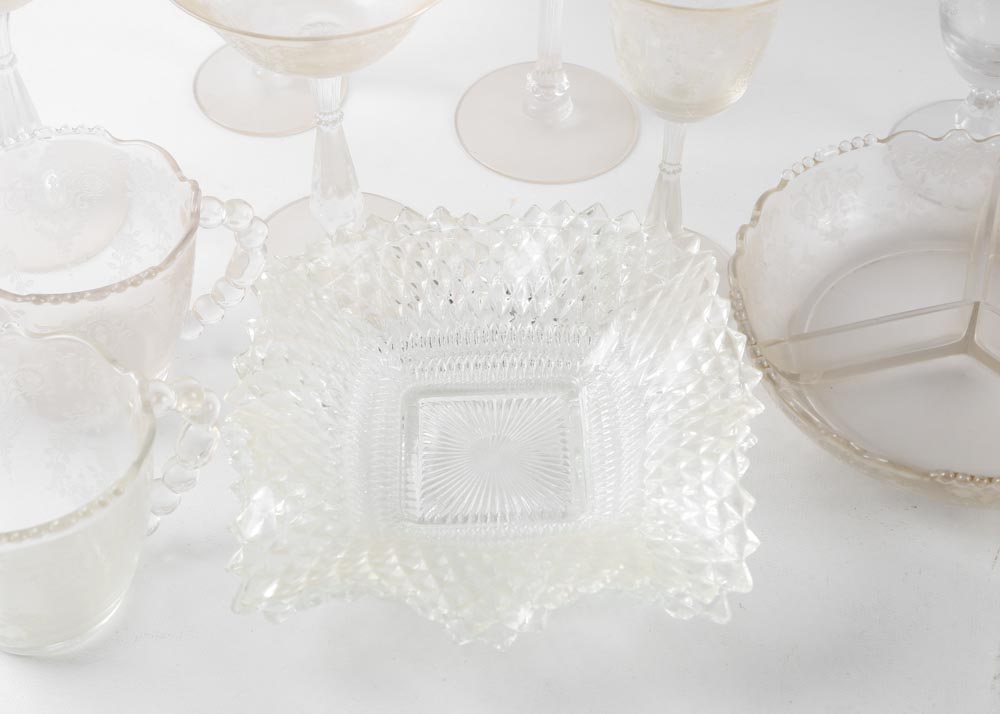 Depression Glass Etched Stemware and Tableware