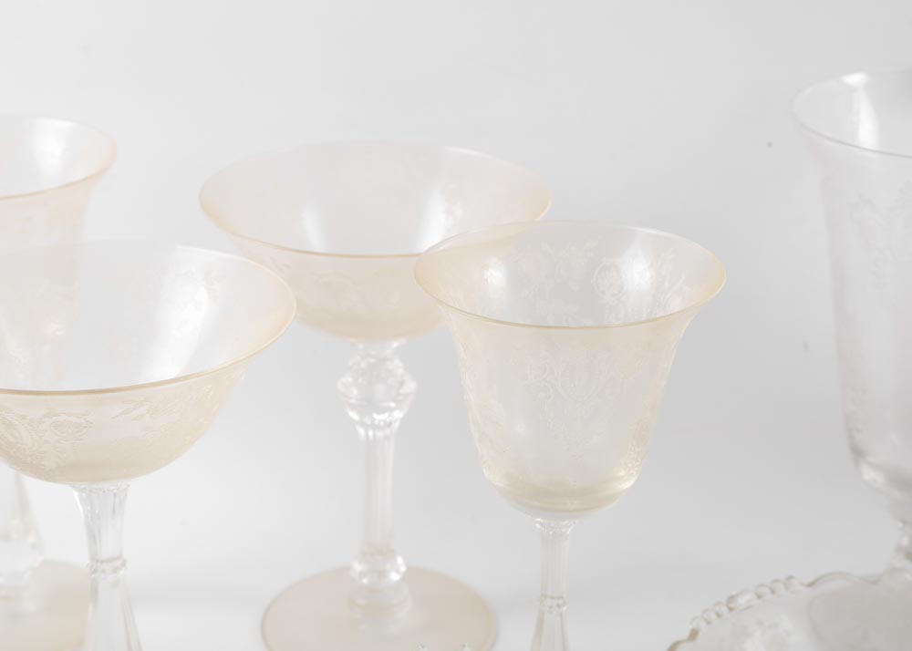 Depression Glass Etched Stemware and Tableware