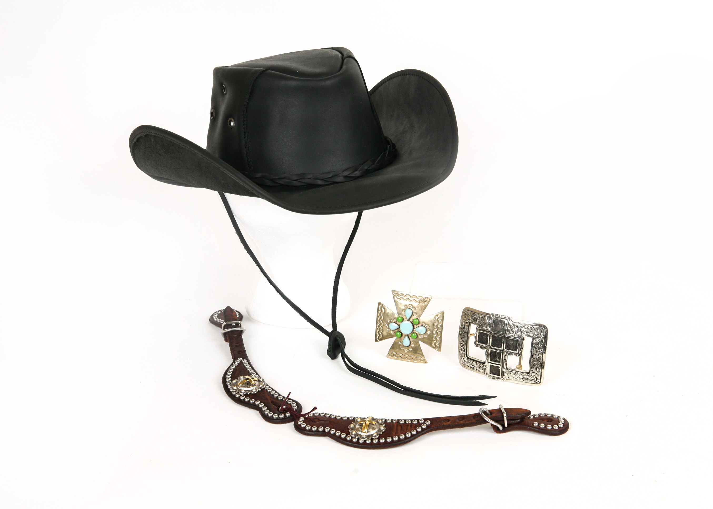 Black Cavenders Leather Cowboy Hat and Augus Belt Buckles EBTH