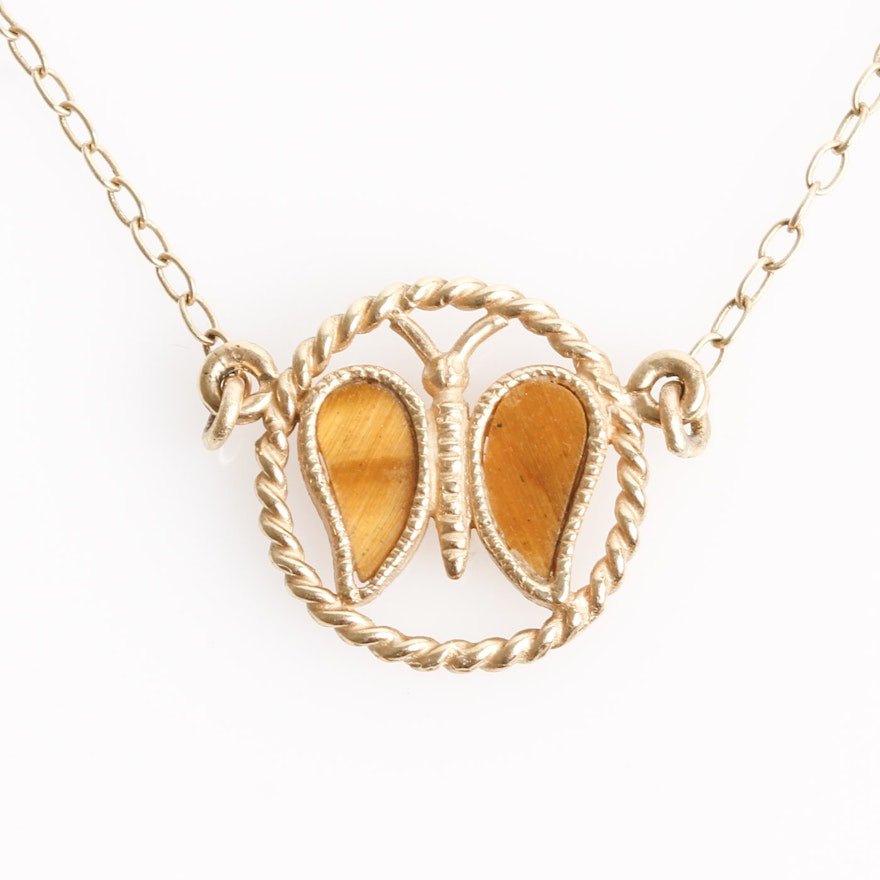 14K Yellow Gold and Tiger's Eye Butterfly Pendant Necklace