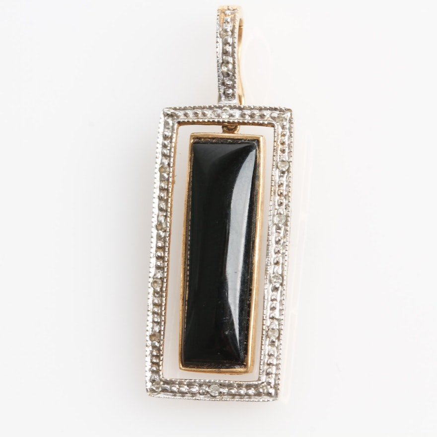 Vintage 14K Yellow Gold, Diamond and Onyx Rectangular Pendant with Diamond Bail