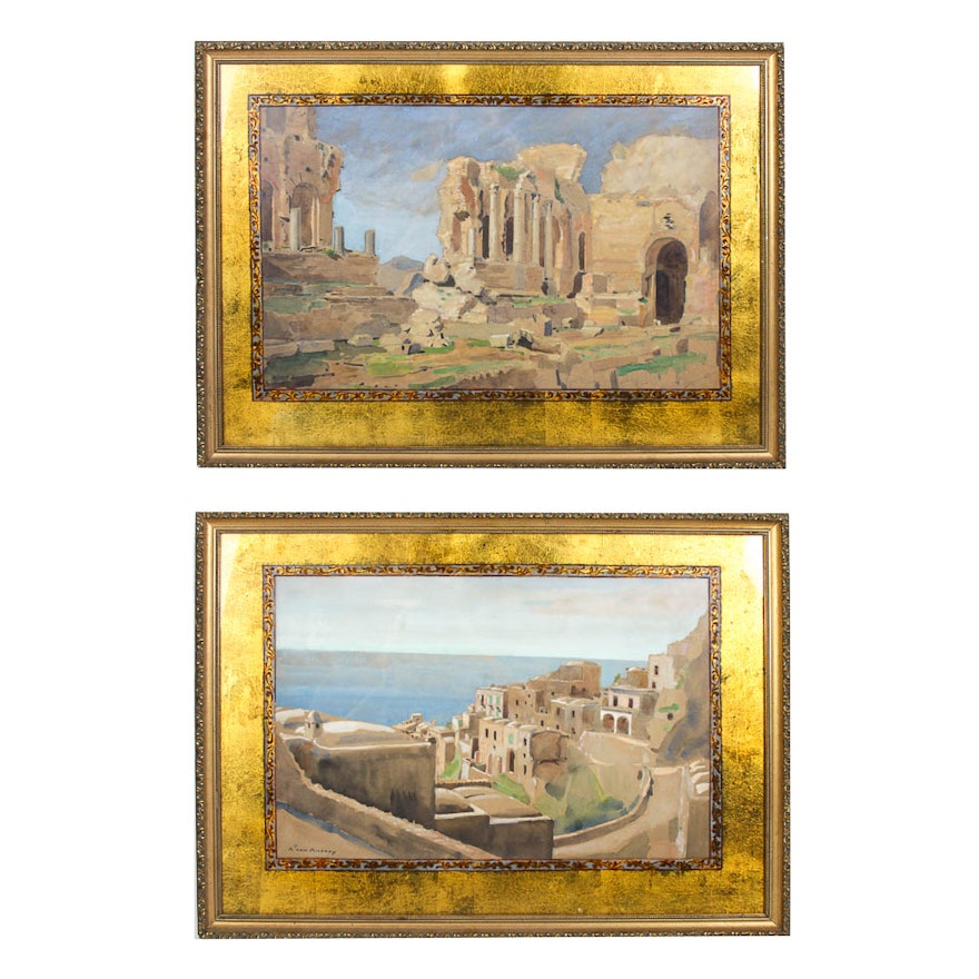 Two Avan Anrady Watercolor Paintings of Grecian Landscapes