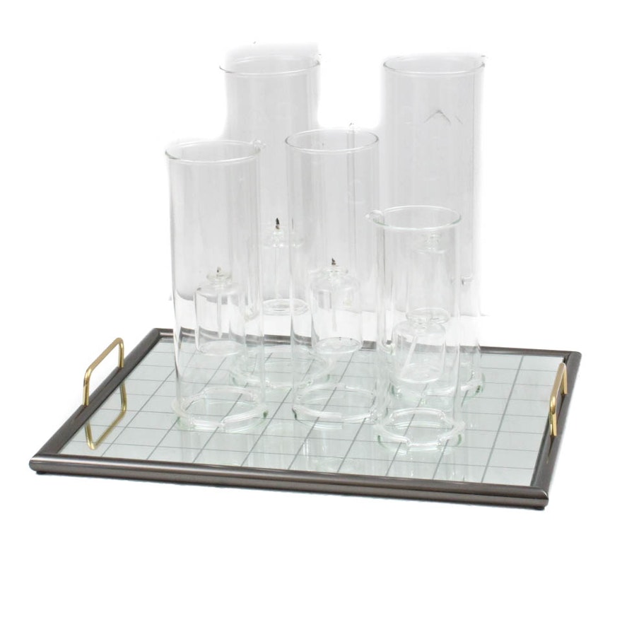 Contemporary Glass Oil Candles and Mirrored Tray