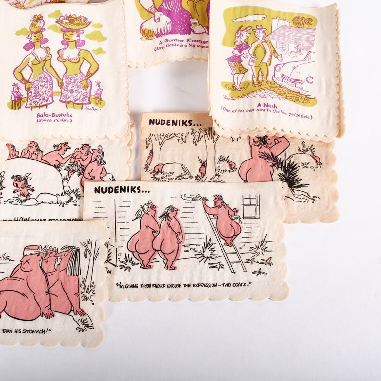 Collection of Vintage Yiddish Humor Cocktail Napkins including Box of Nudeniks
