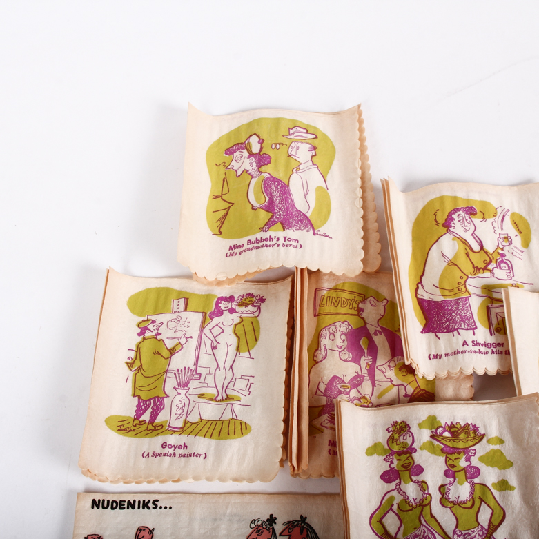 Collection of Vintage Yiddish Humor Cocktail Napkins including Box of Nudeniks