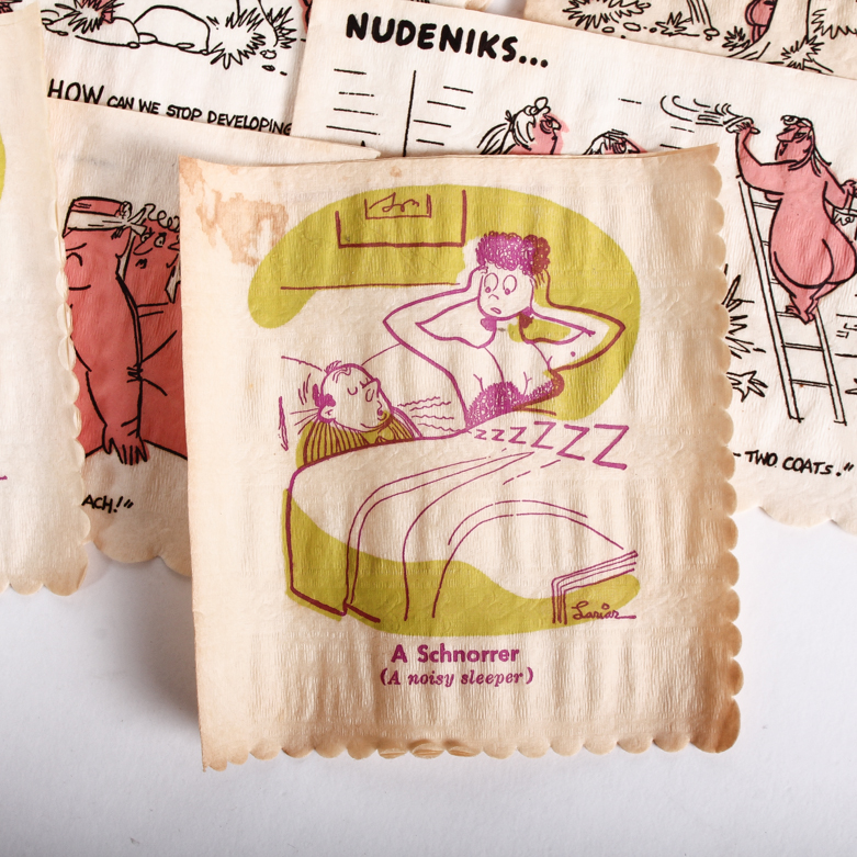 Collection of Vintage Yiddish Humor Cocktail Napkins including Box of Nudeniks