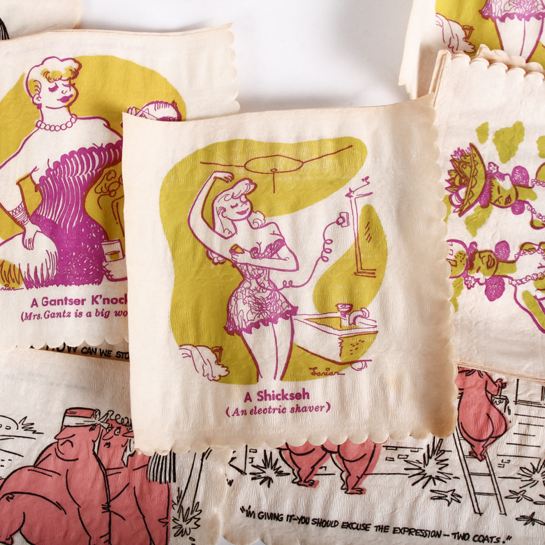 Collection of Vintage Yiddish Humor Cocktail Napkins including Box of Nudeniks