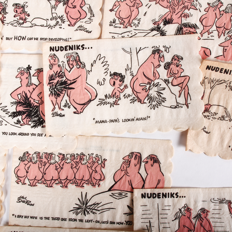 Collection of Vintage Yiddish Humor Cocktail Napkins including Box of Nudeniks