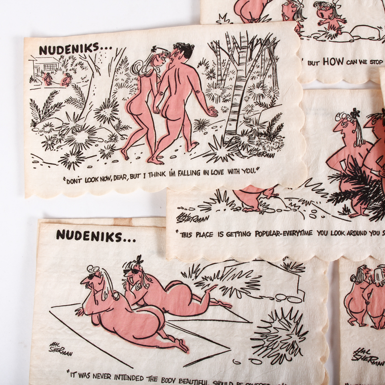 Collection of Vintage Yiddish Humor Cocktail Napkins including Box of Nudeniks