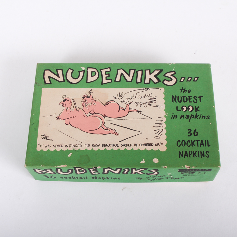 Collection of Vintage Yiddish Humor Cocktail Napkins including Box of Nudeniks
