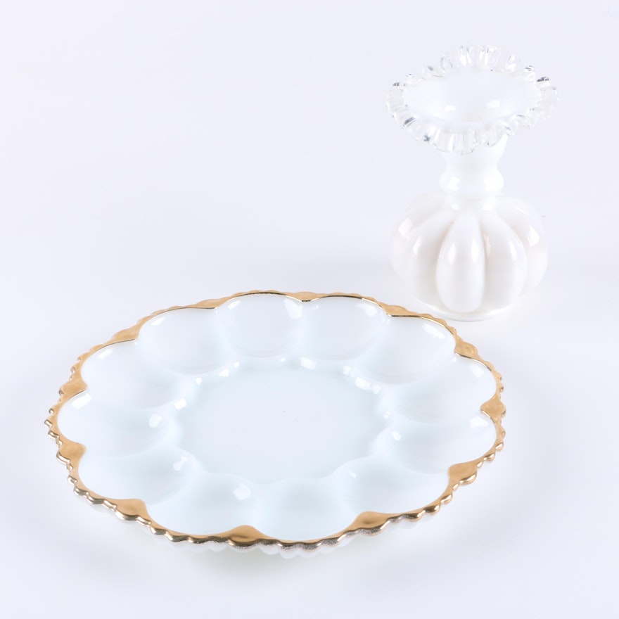 Milk Glass Egg Plate and Vase