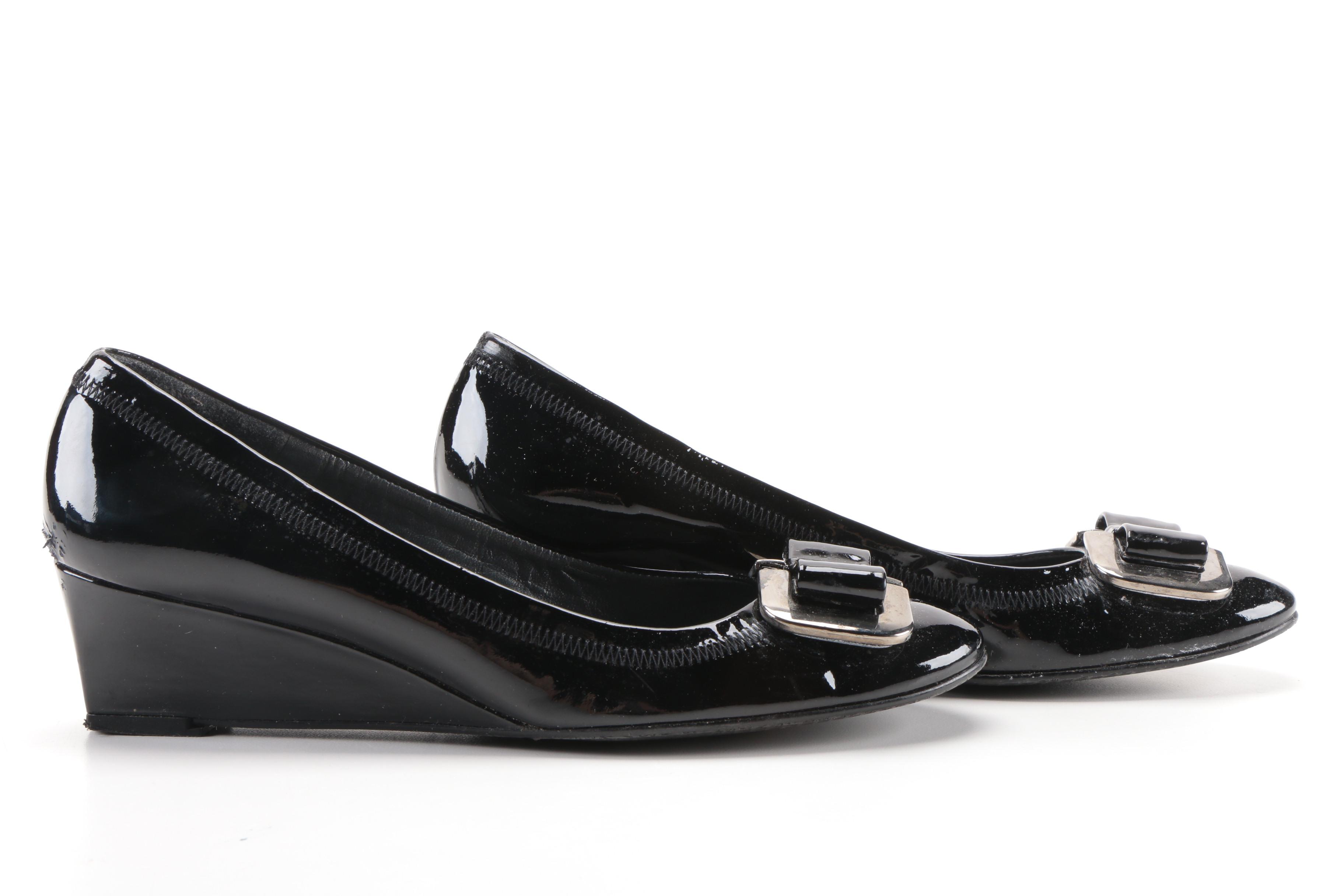 Stuart Weitzman Black Patent Leather and Suede Wedges