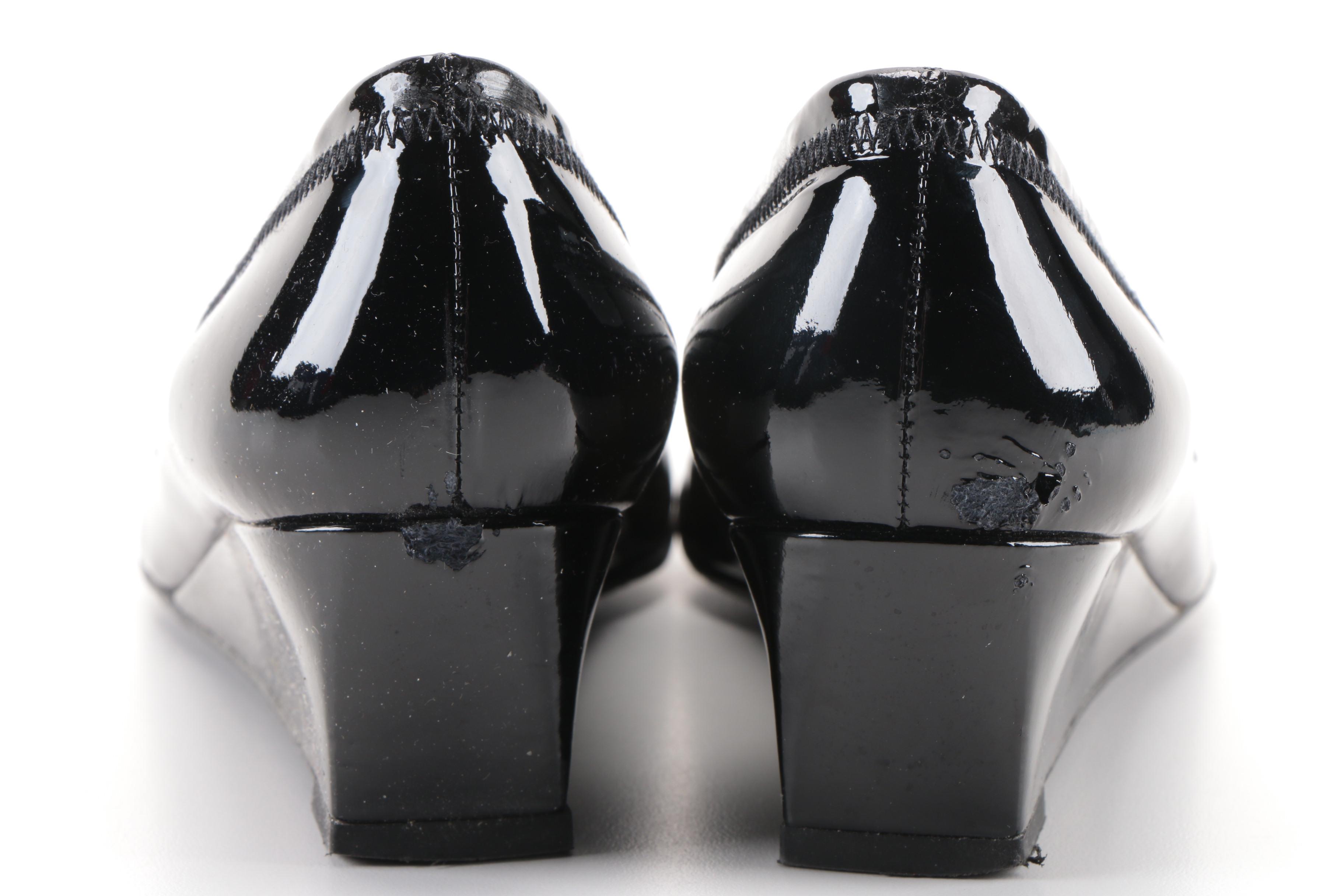 Stuart Weitzman Black Patent Leather and Suede Wedges