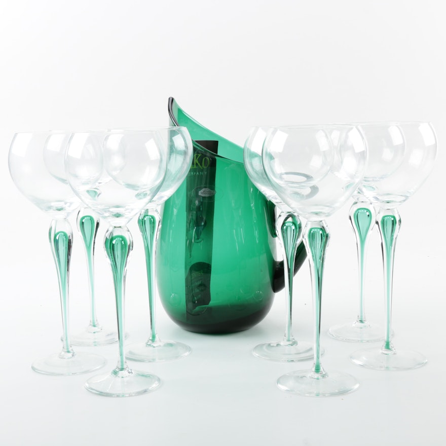 Signed Blenko Green Glass Pitcher with Eight Long-Stemmed Glasses