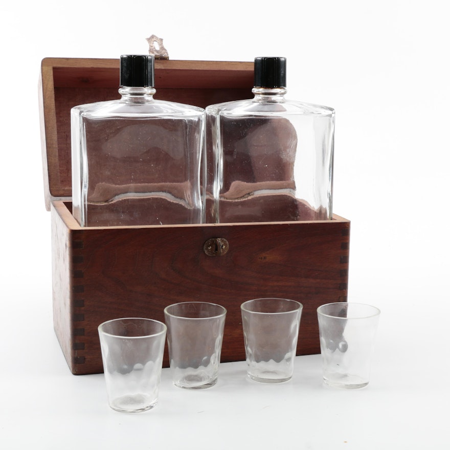 Vintage Walnut Box with Two Decanters and Four Shot Glasses