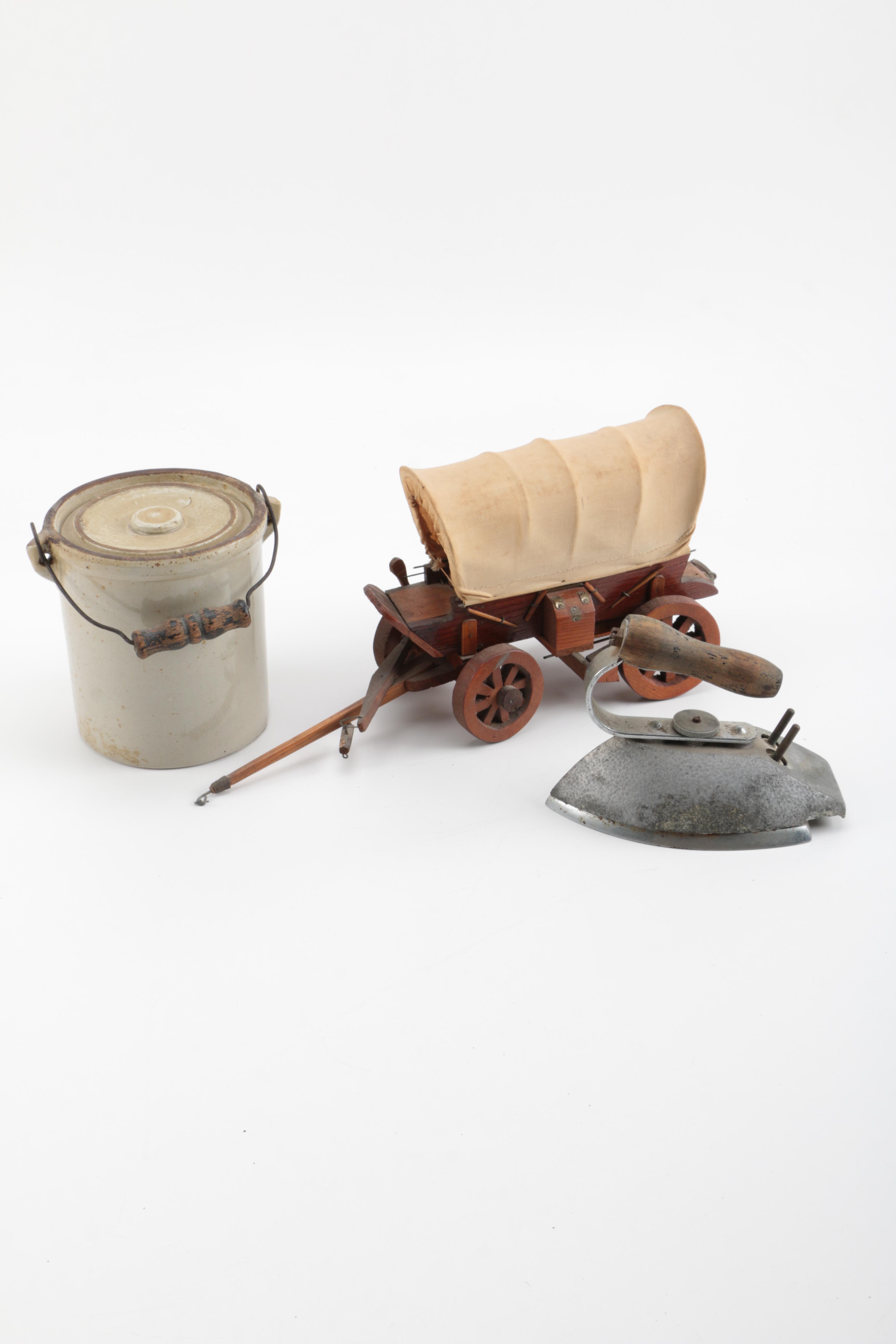 Vintage Iron, Jar, and Miniature Carriage