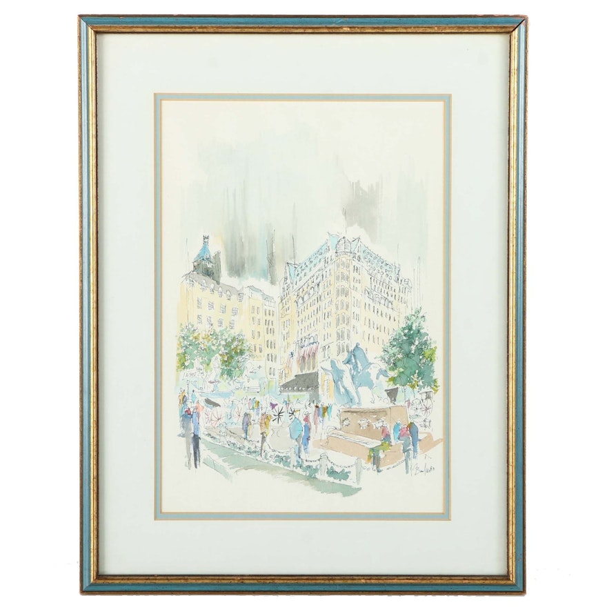 Banker 1980 Watercolor and Ink Mixed Media Illustration of Paris Street Scene