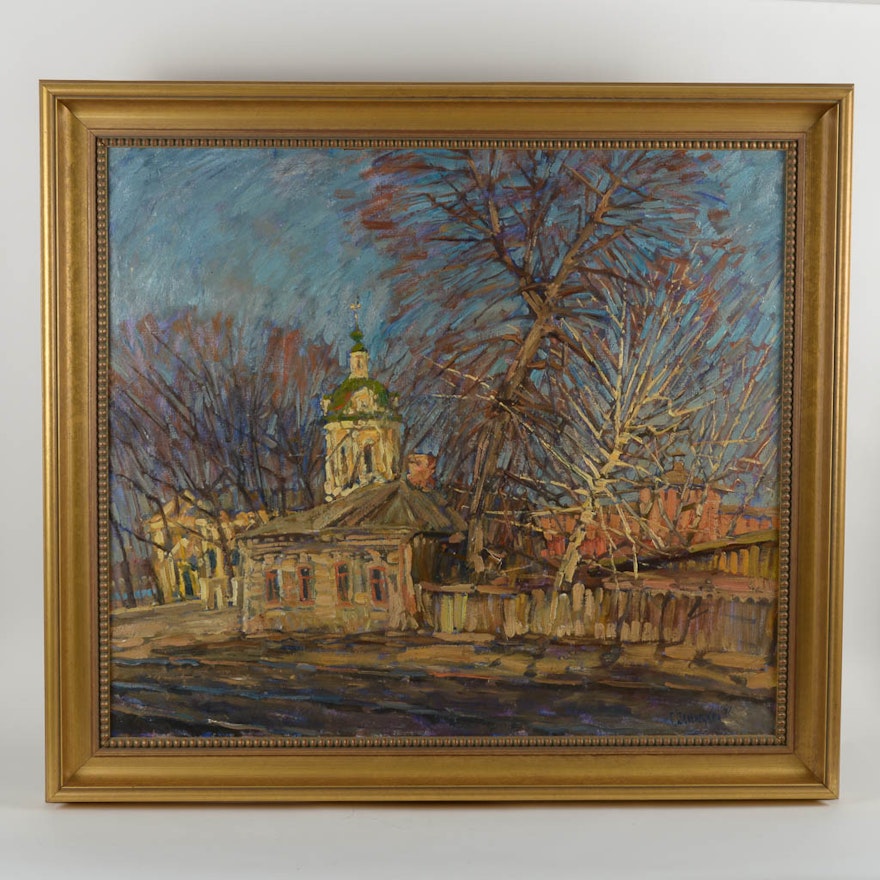 Russian Townscape Signed Original Oil Painting