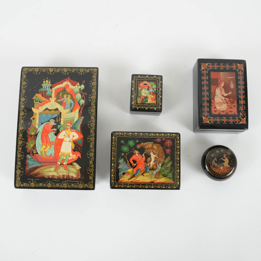 Collection of Russian Illustrated Lacquered Wood Trinket Boxes