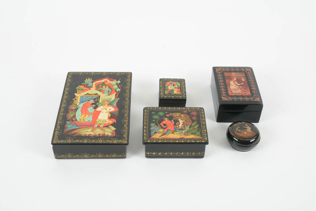 Collection of Russian Illustrated Lacquered Wood Trinket Boxes