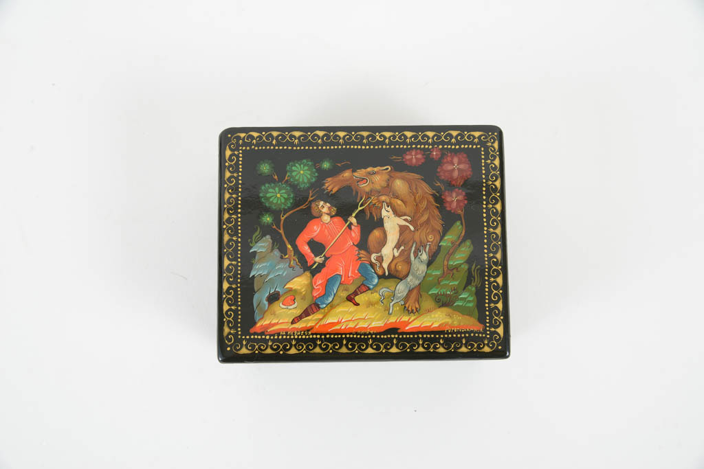 Collection of Russian Illustrated Lacquered Wood Trinket Boxes