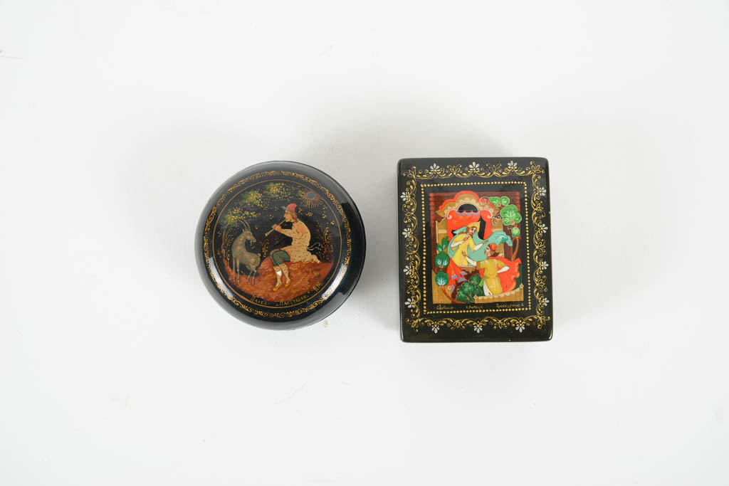 Collection of Russian Illustrated Lacquered Wood Trinket Boxes