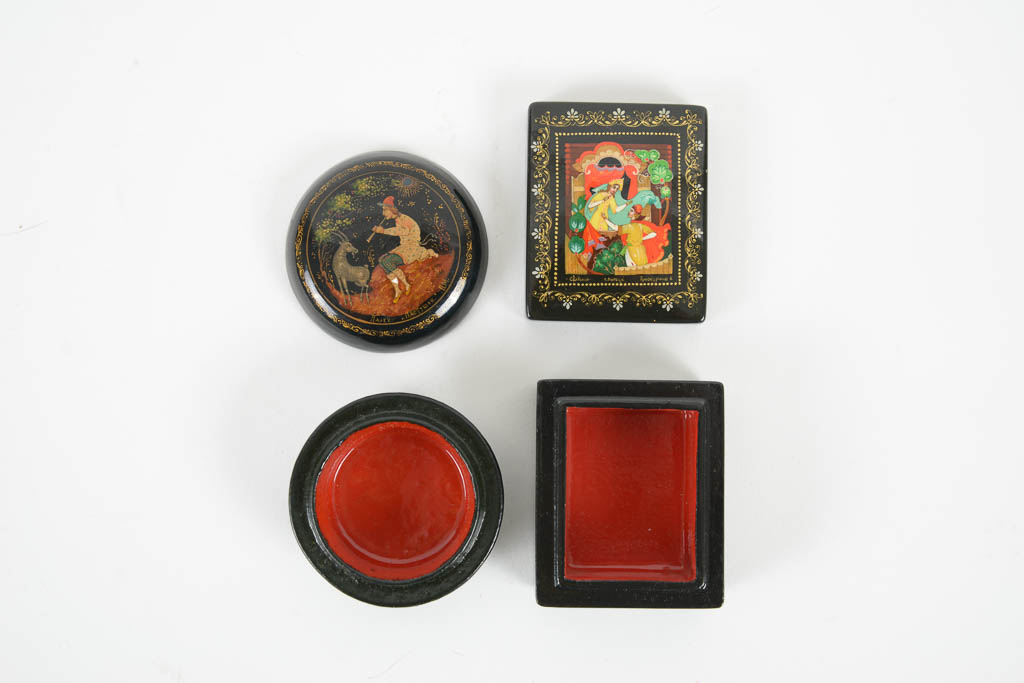 Collection of Russian Illustrated Lacquered Wood Trinket Boxes