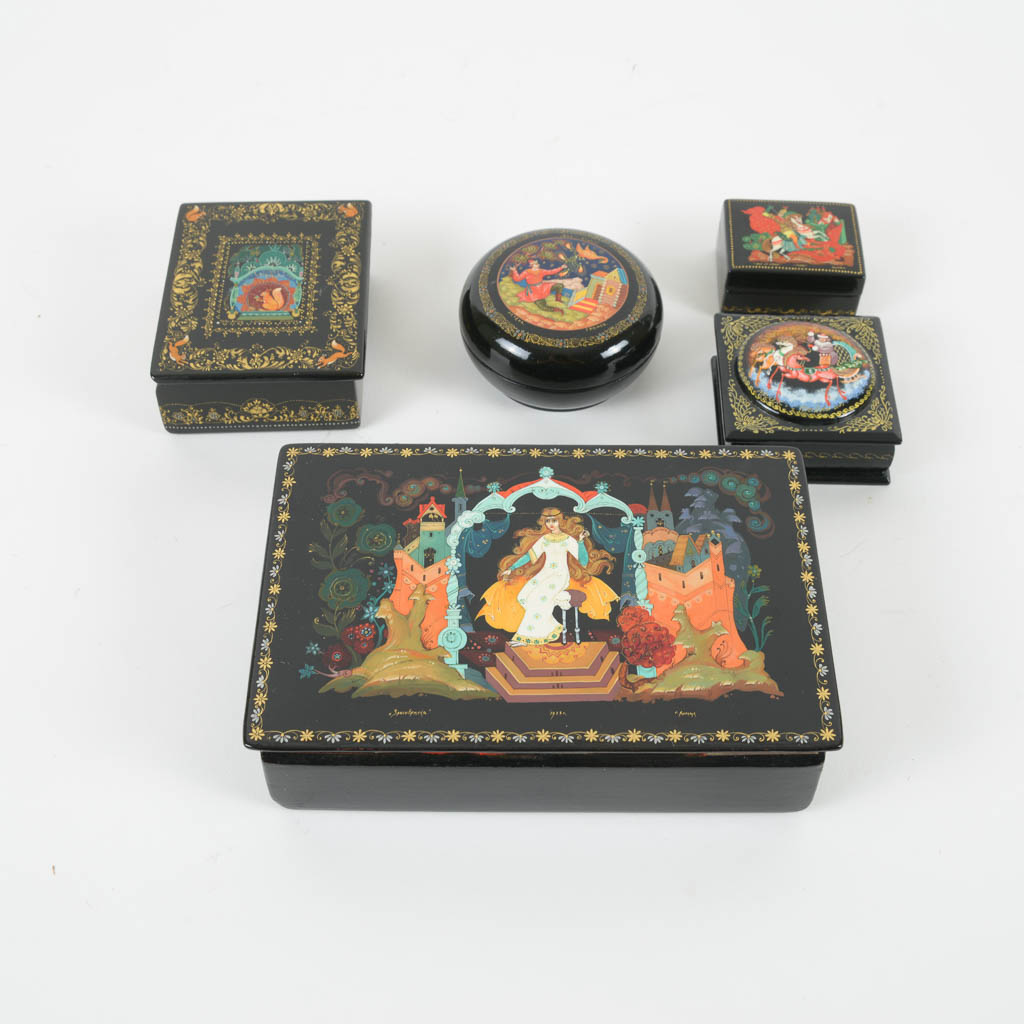Collection of Russian Illustrated Lacquered Wood Trinket Boxes
