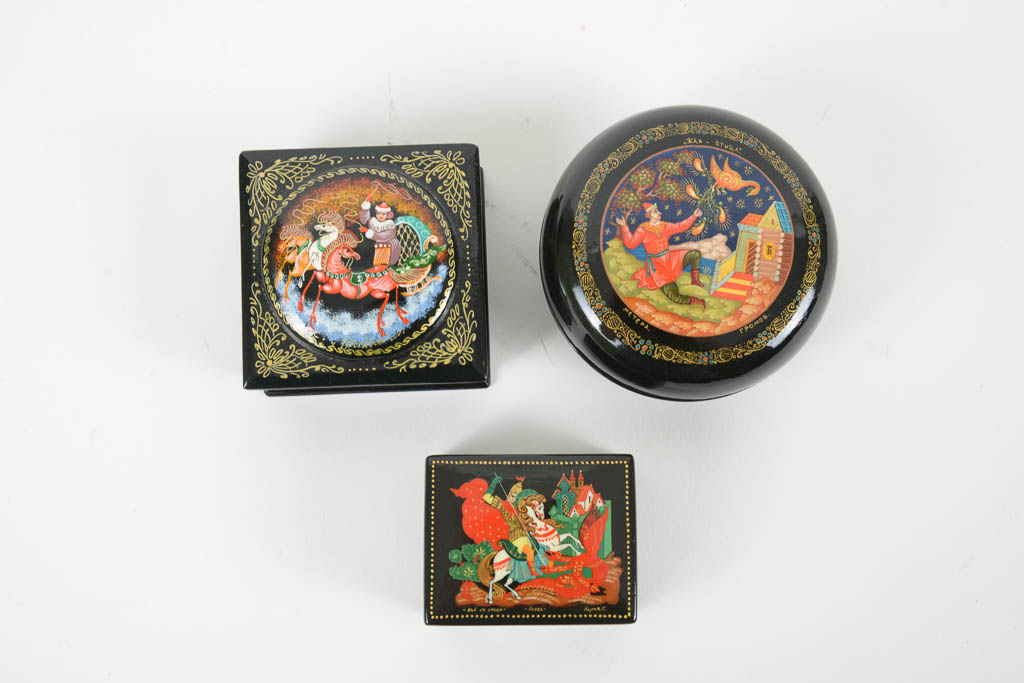 Collection of Russian Illustrated Lacquered Wood Trinket Boxes
